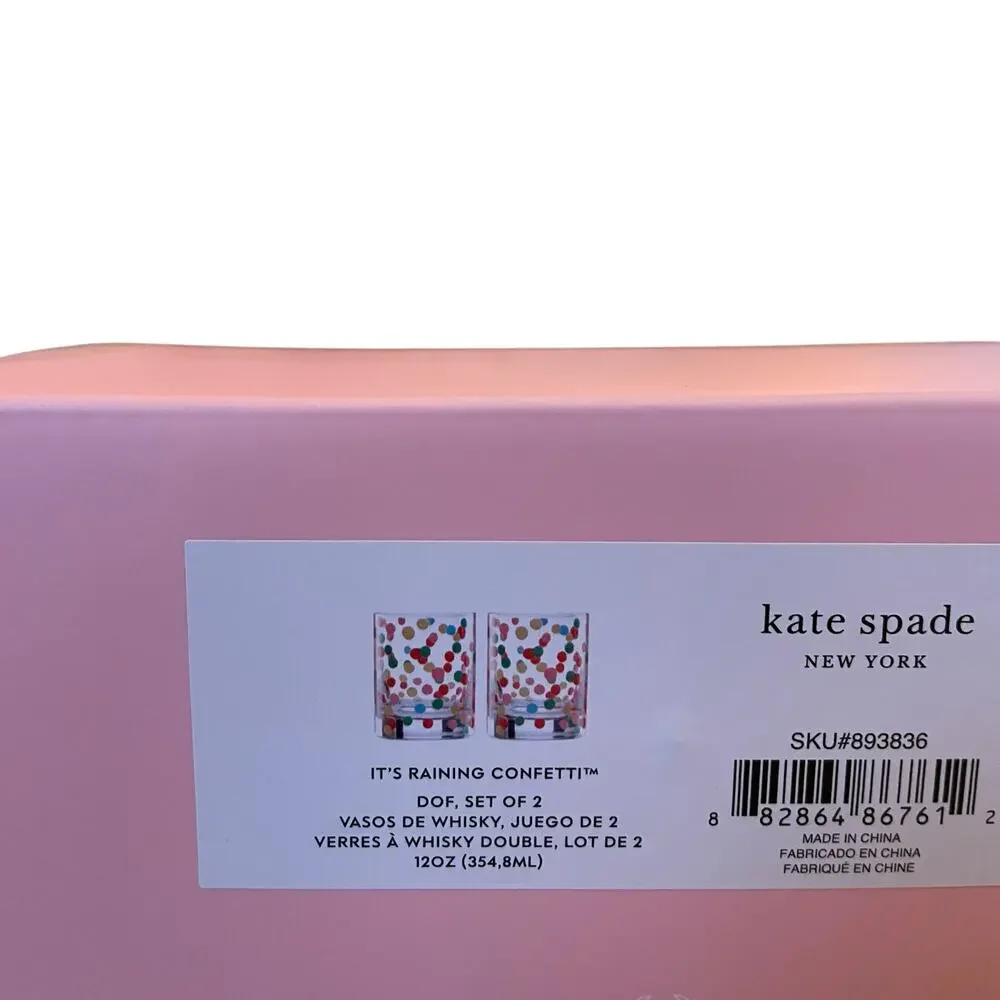 Kate Spade ITS RAINING CONFETTI Double Old Fashioned Whiskey Glass Set of 2 New
